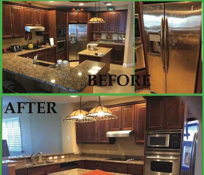 Two photos of the before and after of removal of cabinets. 